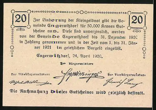 Notgeld Engerwitzdorf 1920, 20 Heller, Bauer bei der Feldarbeit, Bibelzitat Unser täglich Brot