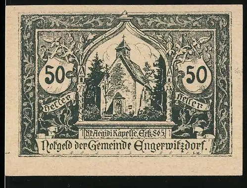 Notgeld Engerwitzdorf 1920, 50 Heller, Hl. Agidi Kapelle, florales Design