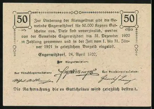 Notgeld Engerwitzdorf 1920, 50 Heller, Hl. Agidi Kapelle, florales Design