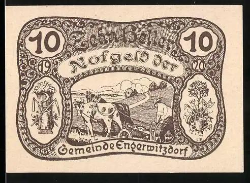 Notgeld Engerwitzdorf 1920, 10 Heller, ländliches Pflugszenenmotiv