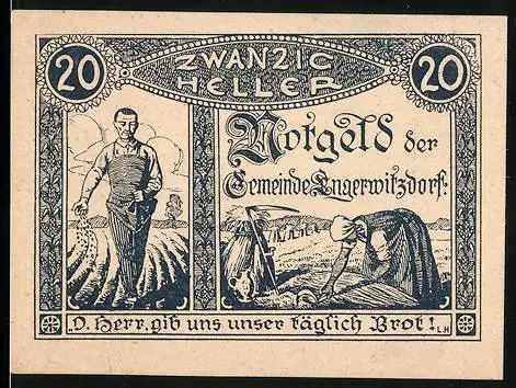 Notgeld Engerwitzdorf 1920, 20 Heller, Bauer auf Feld, Bibelzitat Unser täglich Brot