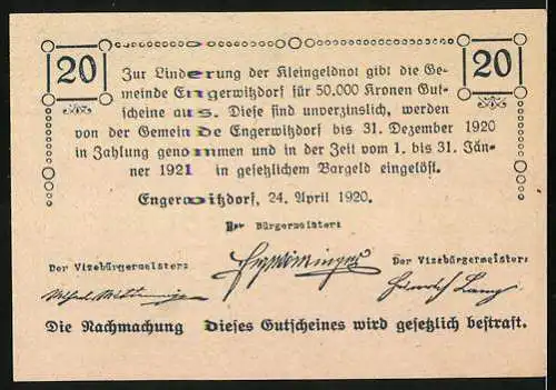 Notgeld Engerwitzdorf 1920, 20 Heller, Bauer auf Feld, Bibelzitat Unser täglich Brot