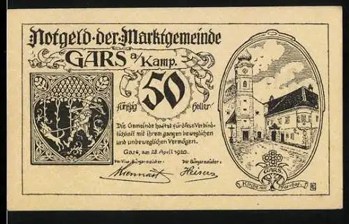 Notgeld Gars am Kamp 1920, 50 Heller, Wappen und Kirche mit Stadtansicht