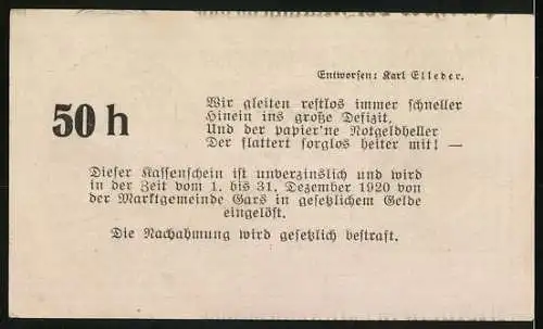 Notgeld Gars am Kamp 1920, 50 Heller, Wappen und Kirche mit Stadtansicht