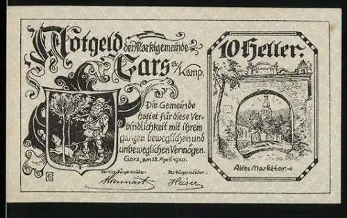 Notgeld Gars 1920, 10 Heller, Altes Markttor und Wappen mit Ritterszene