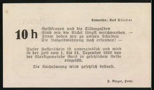 Notgeld Gars 1920, 10 Heller, Altes Markttor und Wappen mit Ritterszene