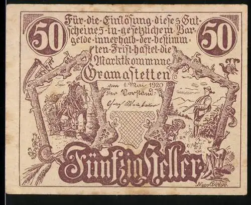 Notgeld Gramastetten 1920, 50 Heller, Bauernhofszene und Landschaftspanorama mit Wappen