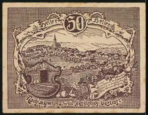 Notgeld Gramastetten 1920, 50 Heller, Bauernhofszene und Landschaftspanorama mit Wappen