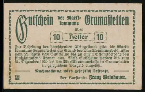 Notgeld Gramastetten 1920, 10 Heller, Ruine Lichtenhag, Franz Weinbauer, Serie 22. April 1920