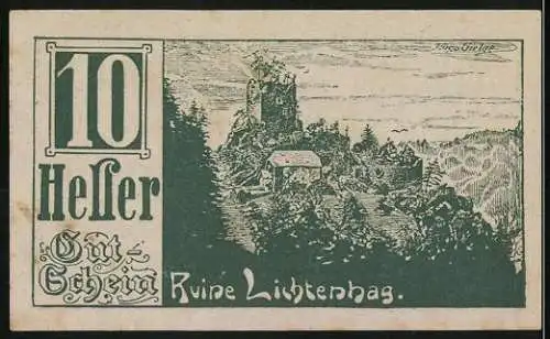 Notgeld Gramastetten 1920, 10 Heller, Ruine Lichtenhag, Franz Weinbauer, Serie 22. April 1920