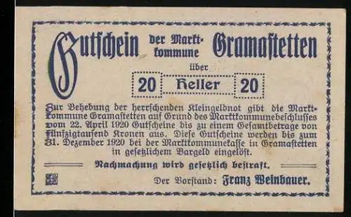 Notgeld Gramastetten 1920, 20 Heller, Stadtansicht mit Gedicht und Frau mit Stab