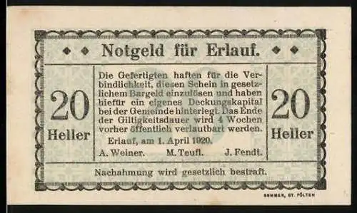 Notgeld Erlauf 1920, 20 Heller, Text über Garantie und Fälschungsschutz von Weiner, Teufl, Fendt