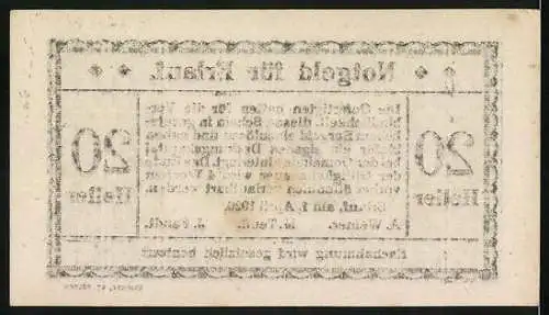 Notgeld Erlauf 1920, 20 Heller, Text über Garantie und Fälschungsschutz von Weiner, Teufl, Fendt