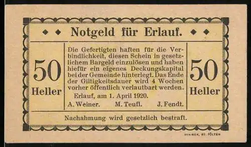 Notgeld Erlauf 1920, 50 Heller, Text zur Einlösung und gesetzliche Warnung