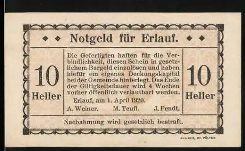 Notgeld Erlauf 1920, 10 Heller, Text mit Garantieerklärung und Unterschriften, Druck Sommer, St. Pölten