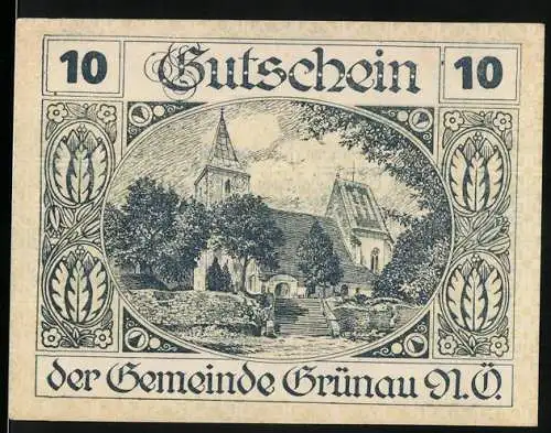 Notgeld Grünau 1920, 10 Heller, Kirche und Landschaftsmotiv