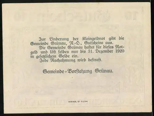 Notgeld Grünau 1920, 10 Heller, Kirche und Landschaftsmotiv