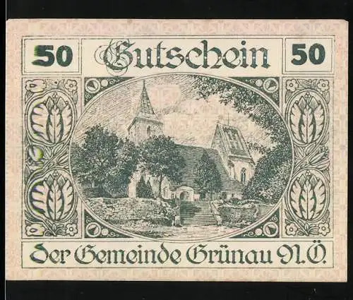 Notgeld Grünau 1920, 50 Heller, Kirche mit Bäumen und Laubdetails