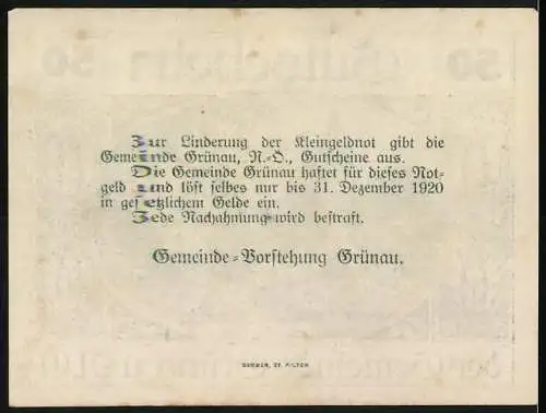 Notgeld Grünau 1920, 50 Heller, Kirche mit Bäumen und Laubdetails