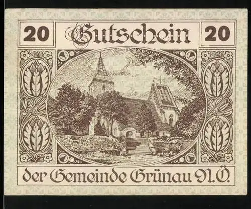 Notgeld Grünau 1920, 20 Heller, Kirche und Landschaftsmotiv