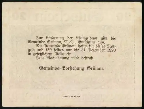 Notgeld Grünau 1920, 20 Heller, Kirche und Landschaftsmotiv