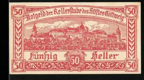 Notgeld Göttweig 1920, 50 Heller, Klosteransicht mit Kreuz und Dekor