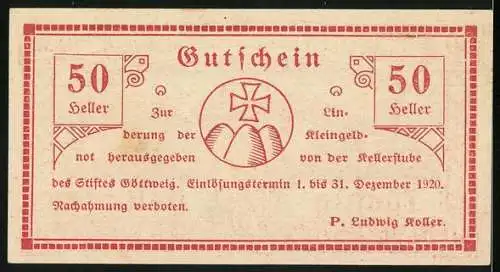 Notgeld Göttweig 1920, 50 Heller, Klosteransicht mit Kreuz und Dekor