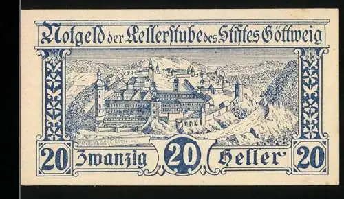 Notgeld Göttweig 1920, 20 Heller, Klosteransicht und Kreuzemblem