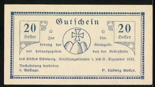 Notgeld Göttweig 1920, 20 Heller, Klosteransicht und Kreuzemblem