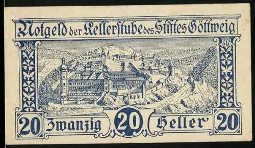 Notgeld Göttweig 1920, 20 Heller, Stift Göttweig Landschaftsansicht, Kreuzemblem