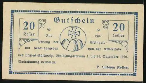 Notgeld Göttweig 1920, 20 Heller, Stift Göttweig Landschaftsansicht, Kreuzemblem