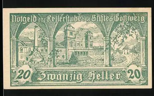 Notgeld Göttweig 1920, 20 Heller, Klosteransicht und Kreuzmotiv