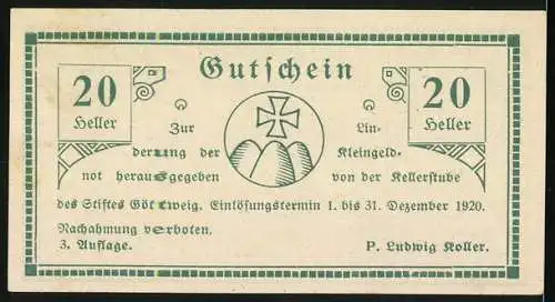 Notgeld Göttweig 1920, 20 Heller, Klosteransicht und Kreuzmotiv