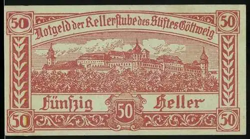 Notgeld Göttweig 1920, 50 Heller, Klosteransicht und Kreuzemblem