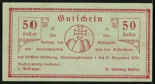 Notgeld Göttweig 1920, 50 Heller, Klosteransicht und Kreuzemblem