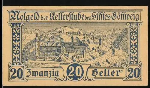 Notgeld Göttweig 1920, 20 Heller, Stiftspanorama mit Kreuz und Hügeln