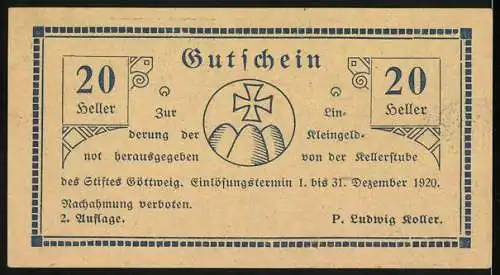 Notgeld Göttweig 1920, 20 Heller, Stiftspanorama mit Kreuz und Hügeln