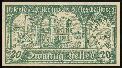 Notgeld Göttweig 1920, 20 Heller, Klosteransicht und Kreuz mit Hügelmotiv