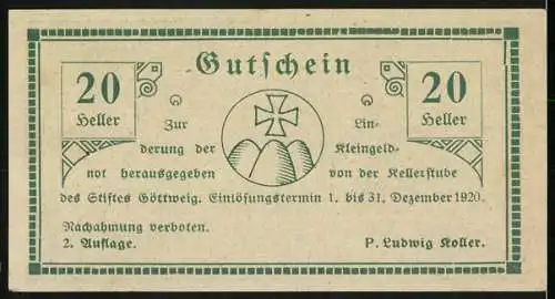 Notgeld Göttweig 1920, 20 Heller, Klosteransicht und Kreuz mit Hügelmotiv