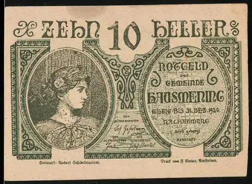 Notgeld Hausmening 1920, 10 Heller, Frau im Profil und Wappen der Gemeinde