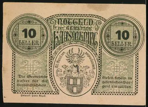 Notgeld Hausmening 1920, 10 Heller, Frau im Profil und Wappen der Gemeinde