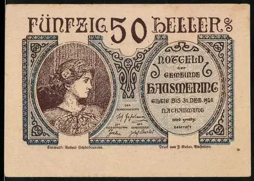 Notgeld Hausmening 1920, 50 Heller, Frauenportrait und Wappen der Gemeinde mit dekorativen Mustern