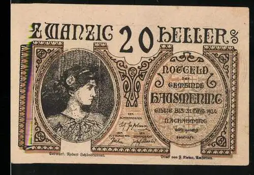 Notgeld Hausmening 1920, 20 Heller, Porträt einer Frau und Wappen mit Sonnenhelm