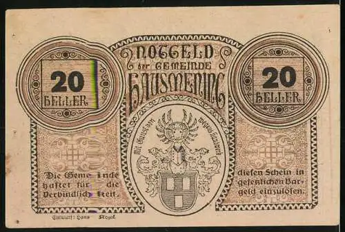 Notgeld Hausmening 1920, 20 Heller, Porträt einer Frau und Wappen mit Sonnenhelm