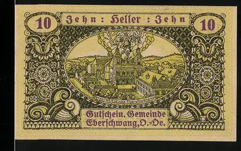 Notgeld Eberschwang 1920, 10 Heller, Dorfansicht und Wildschwein-Motiv