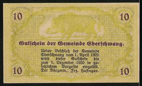 Notgeld Eberschwang 1920, 10 Heller, Dorfansicht und Wildschwein-Motiv