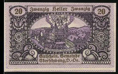 Notgeld Eberschwang 1920, 20 Heller, Fabrikanlage und Wildschwein-Motiv