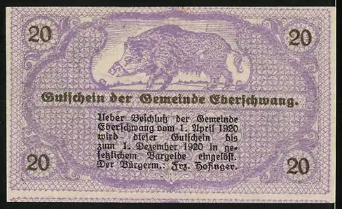 Notgeld Eberschwang 1920, 20 Heller, Fabrikanlage und Wildschwein-Motiv