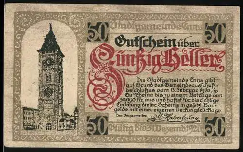 Notgeld Enns 1920, 50 Heller, Stadtturm und Wappen mit Drachenmotiv