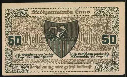 Notgeld Enns 1920, 50 Heller, Stadtturm und Wappen mit Drachenmotiv